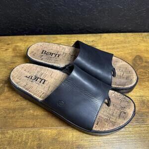 Born Sandals‎ Mens Size 10 Black Leather Slide Toe Loop Cork Footbed Comfort